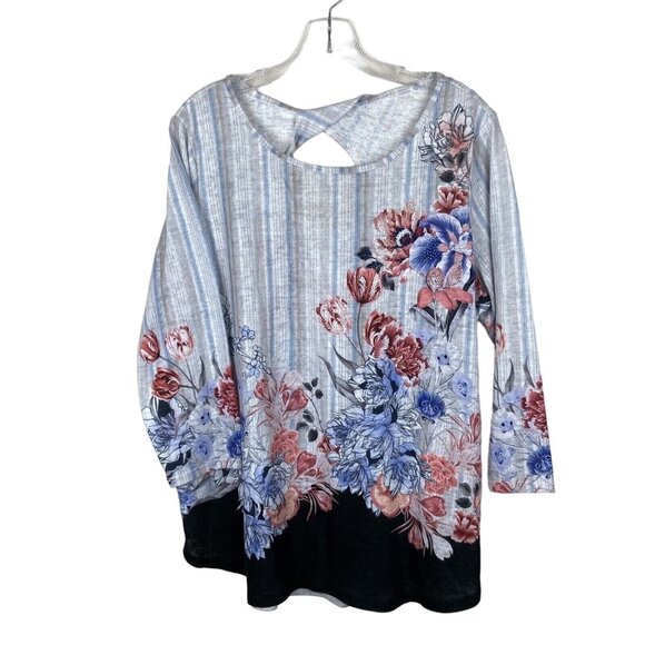 Westport Womens tunic top Sz 2X blouse 3/4 Sleeve Polyester Knit Floral stripe - Picture 1 of 6